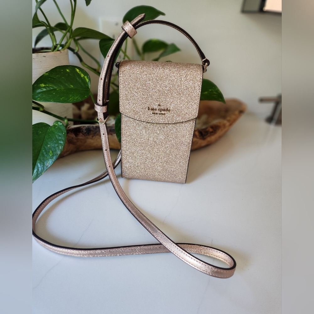 Kate Spade Shimmy Glitter North South Flap Phone Crossbody Rose Gold Pink - Picture 2 of 10